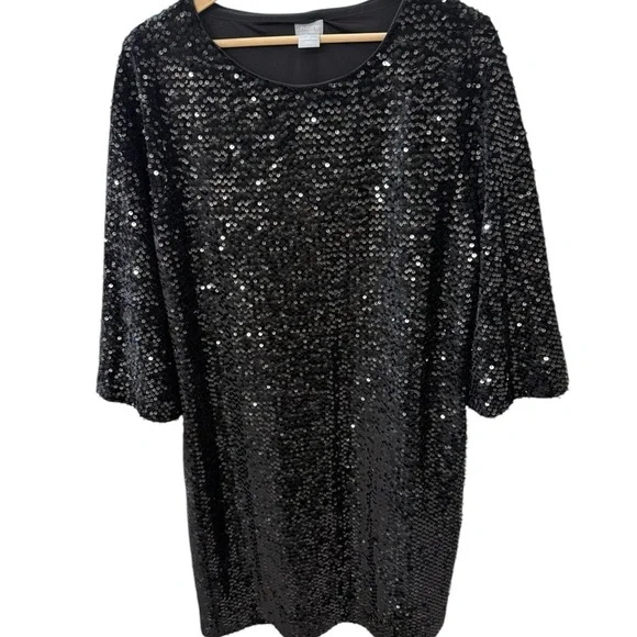 Chico’s Size 3 16/18 Black Sequined Bell sleeves Mid Length Cocktail Dress - Picture 1 of 10